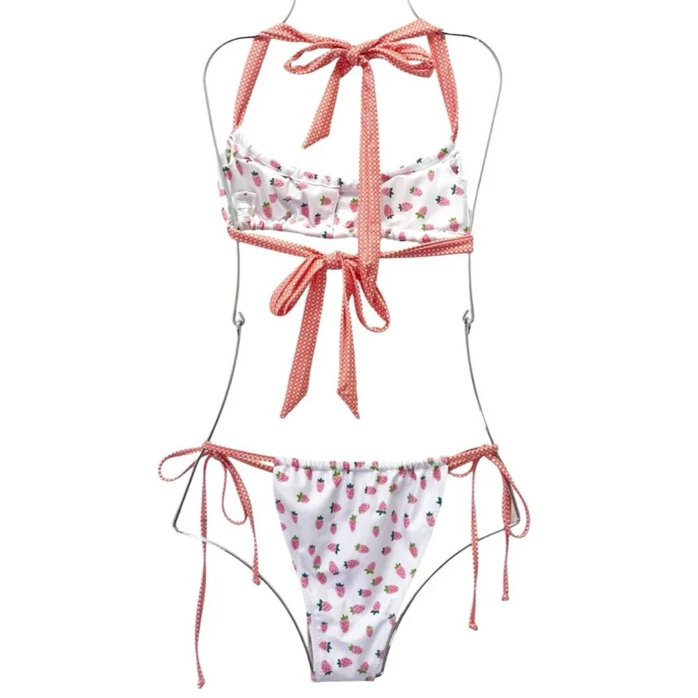 Strawberry Milk Mob Bikini Set M Top Bottom Mix Match Strawberry Print Cheeky
